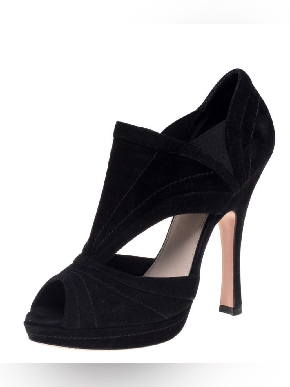 Prada Suede Cut Out Peep Toe Heeled Booties